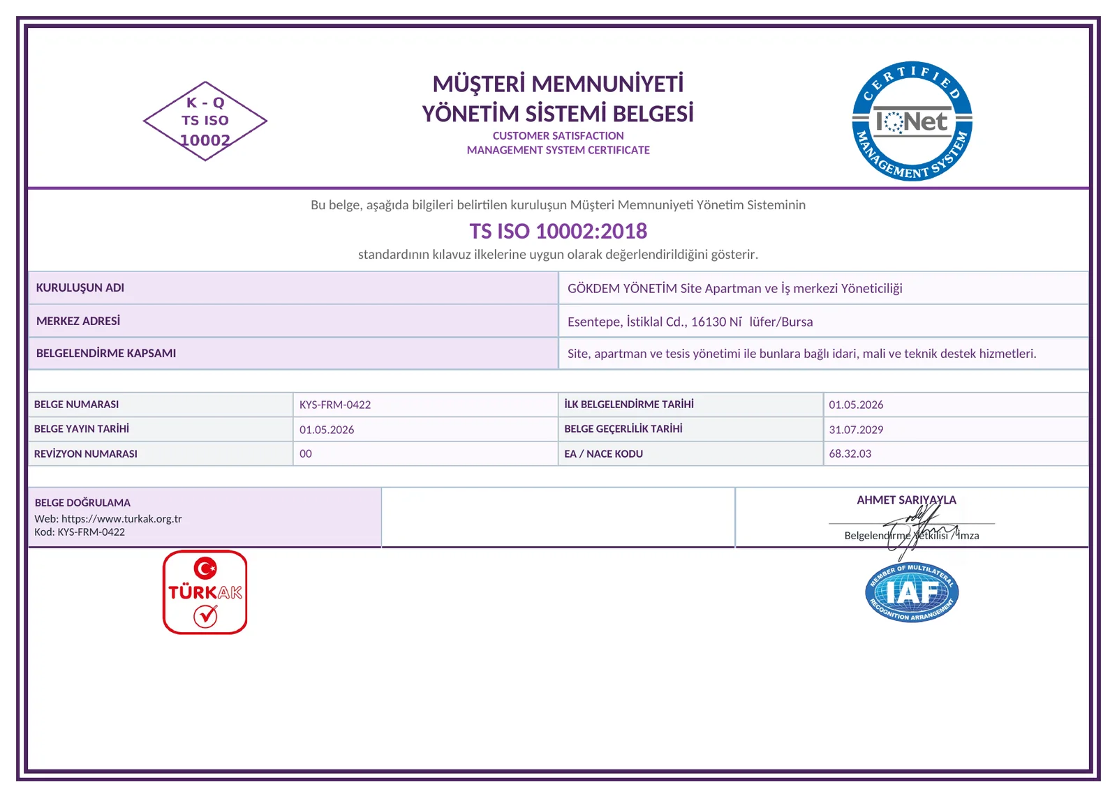 Gökdem Yönetim TS ISO 10002 2018 Müşteri Memnuniyeti Yönetim Sistemi Belgesi