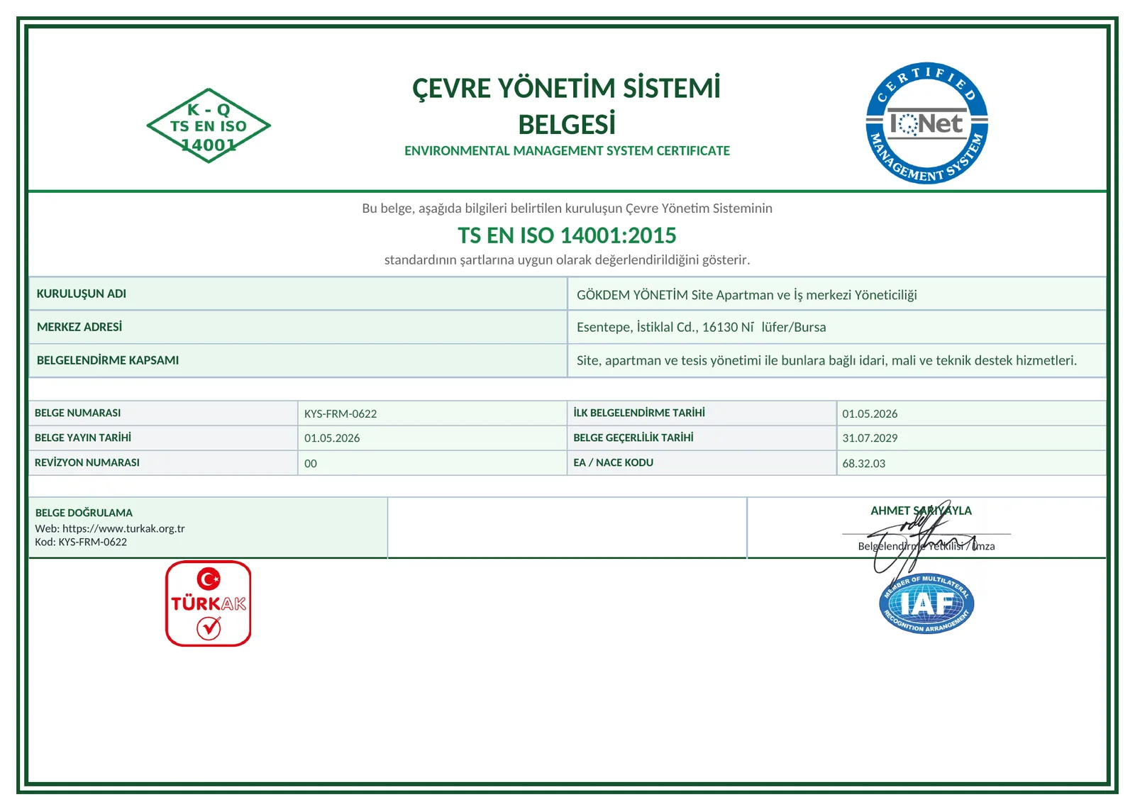 Gökdem Yönetim TS EN ISO 14001 2015 Çevre Yönetim Sistemi Belgesi