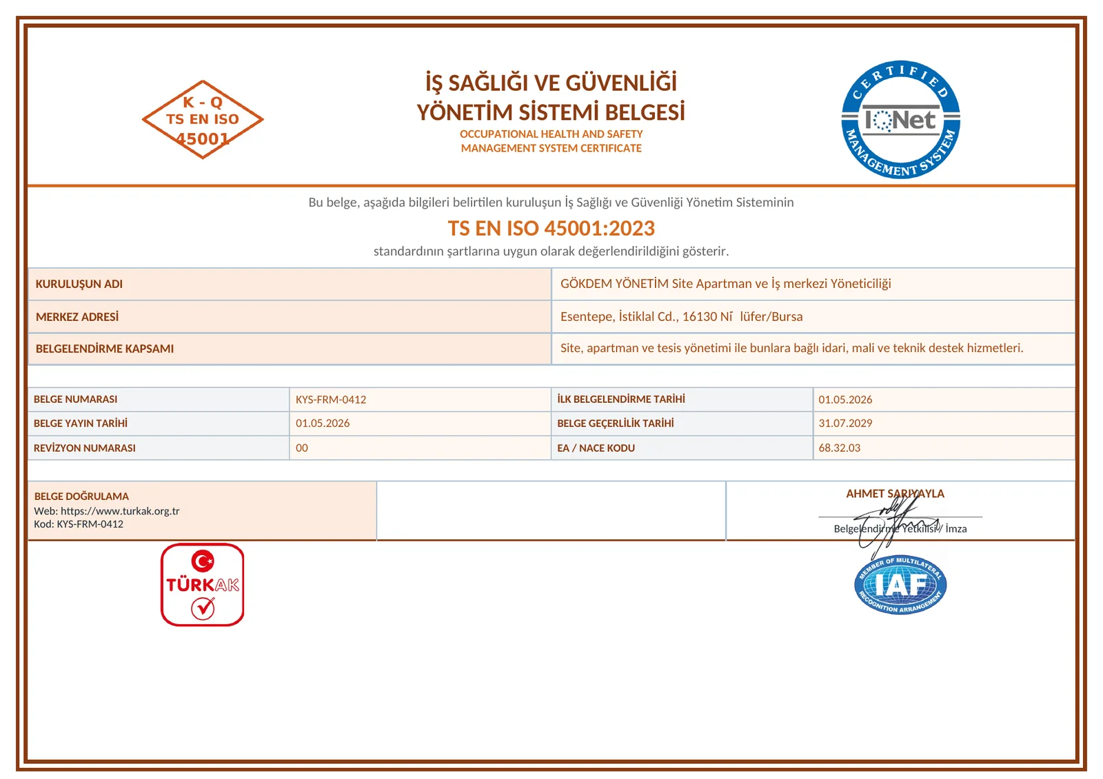 Gökdem Yönetim TS EN ISO 45001 2023 İş Sağlığı ve Güvenliği Yönetim Sistemi Belgesi